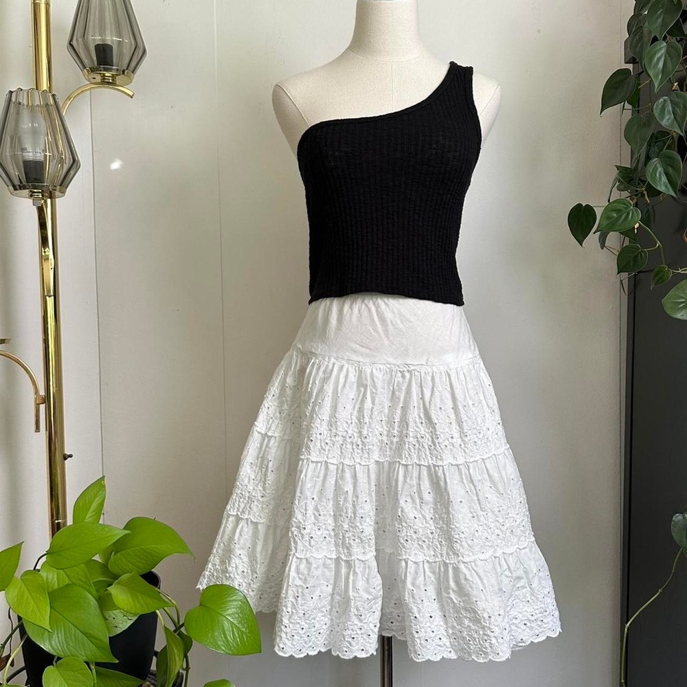 Vintage White Eyelet Tiered Midi Skirt Petticoat Tulle Layered Small Cottagecore